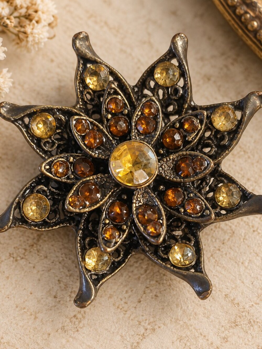 Beautiful Vintage-Style Gold and Amber Rhinestone Flower Brooch
